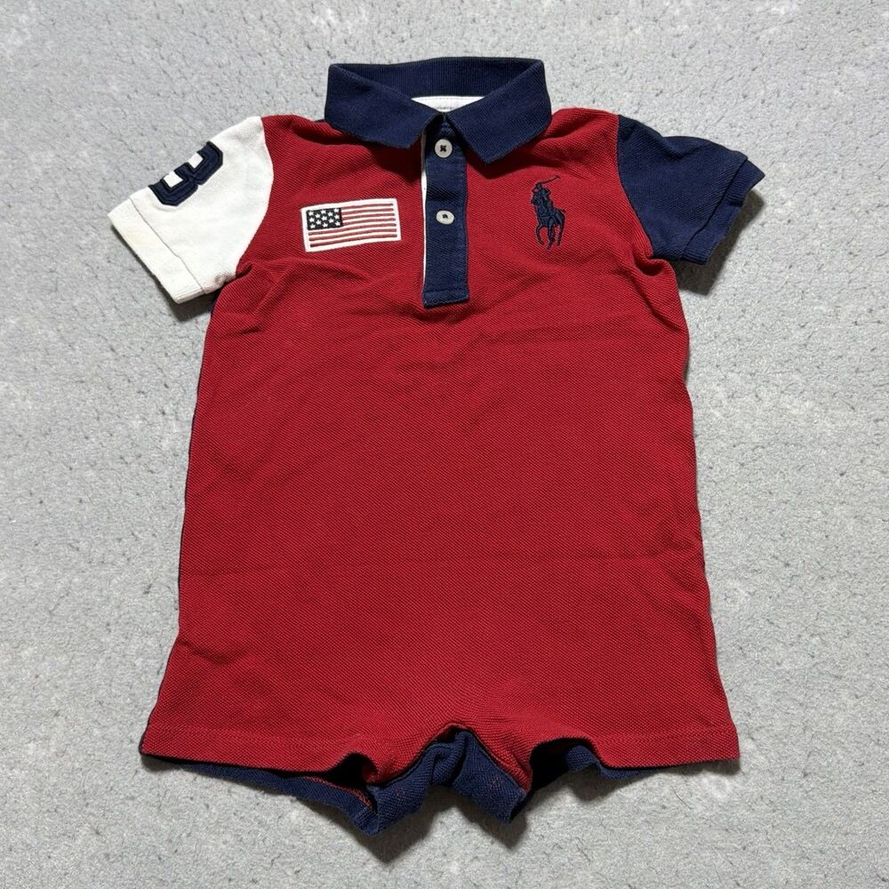 Ralph Lauren Polo Romper Baby Boy Size 9M Red Navy Blue White Pony Logo Cotton
